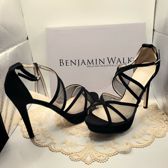 Benjamin Walk Corri 98Touch Ups Black Suede 9.5M Ankle Strap  HIgh Heel Sandals - Picture 1 of 5